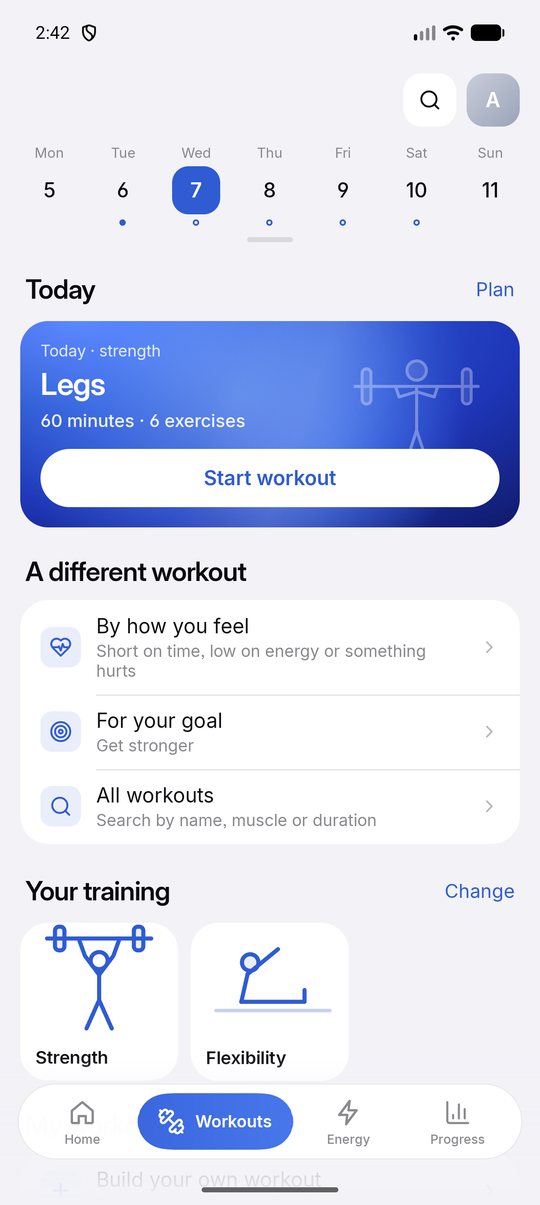 Movable app screen: Workouts